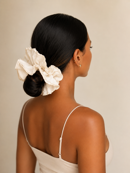 La Scrunchie oversized hair scrunchie in pastel yellow / butter yellow / off-white by BRONZCEADO – luxe glow hair accessory